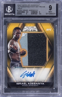 2020 Topps UFC Knockout Autographed Fight Mat Relics Gold #AJRIA Israel Adesanya Signed Fight Mat Relic Card (#1/1) - BGS MINT 9/BGS 10